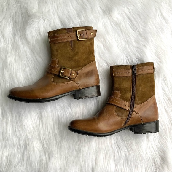 Clarks Harness Leather Boots Camel Brown Size 6.5 Mid Calf Ranch Style - Picture 7 of 16